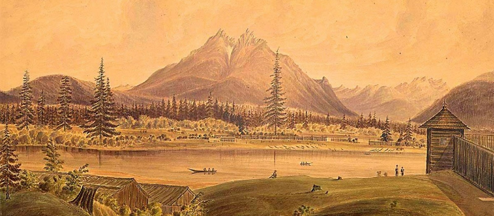 Hudson’s Bay Company Fort Langley, left bank of Fraser River. Langley Buttes in the distance. [James Madison Alden. NARA 305495]